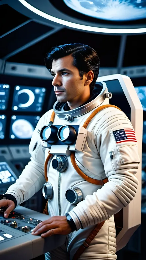 Prompt: photo of a Tall dark-haired astronaut with olive skin, retro-futuristic spacesuit, standing in command center of Moon-Base One, elaborate controls and instruments, pensive expression, 8k, realistic, futuristic-retro futurism, detailed space suit, high-tech control panels, vintage futuristic, focused expression, atmospheric lighting, professional, space exploration, moon base, highres, ultra-detailed, futuristic, retro style, command center, elaborate controls