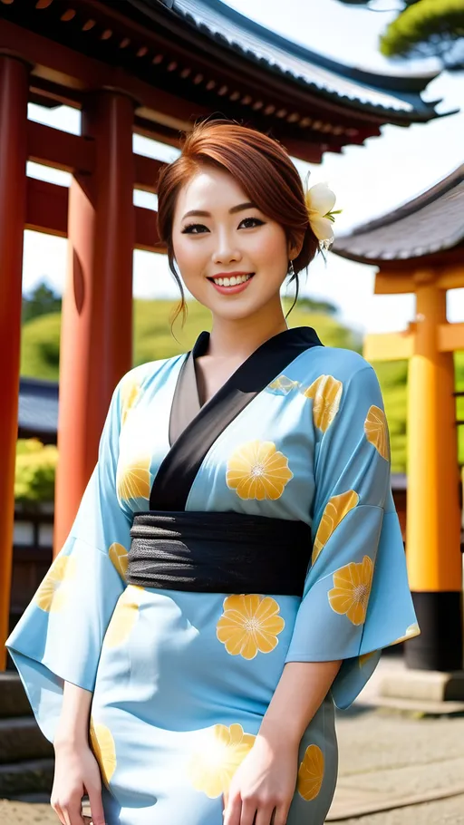 Prompt: Elegant Japanese woman, 25 years old, stylish auburn hair, hazel eyes, intricate diamond face, natural makeup, smiling, lush curvy figure, summer weight light blue & yellow print dress & black boots, standing in front of a Torii Gate, 8k photo, ads-fashion editorial, elegant, stylish, Japanese culture, detailed features, highres, natural lighting, vibrant colors