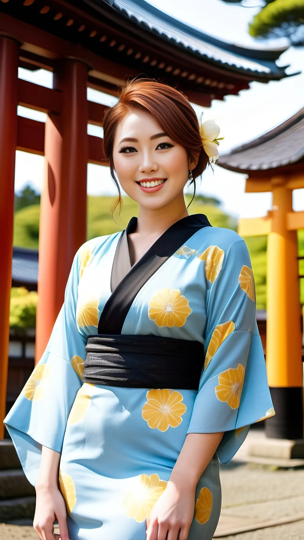 Elegant Japanese woman, 25 years old, stylish auburn