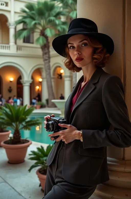 Prompt: Cinematic photo portrait, (famous American Detective Samantha Spade) standing next to a column, holding a small camera, gorgeous square face, chestnut hair, intense gaze, grand art deco hotel courtyard, crowded with people in casual tropical attire, large fountain, nautical-themed decor, potted palms, vibrant 1930s vintage vibe, elegant atmosphere, she wears a dark gray and maroon suit, black fedora, high detail, ultra-detailed, night scene, muted lighting, dramatic shadows, 8k.