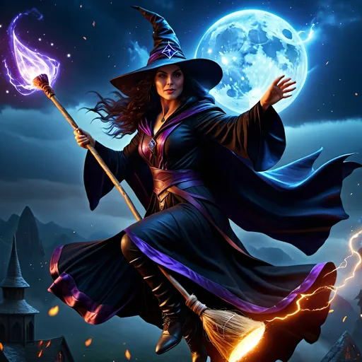 Prompt: Dark sorceress flying on a magic broom, 8k digital illustration, realistic