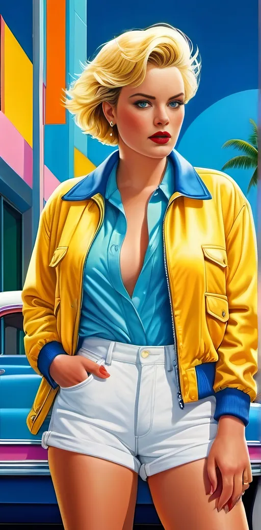Prompt: Buxom curvaceous Woman with short blonde hair and blue eyes, yellow jacket with sleeves rolled up, white blouse, light blue denim shorts, white sneakers, detailed round face, Patrick Nagel style, high-res, digital painting, detailed eyes, professional, 8K digital render, atmospheric lighting, fashionable, 80s retro, vibrant colors, ((Miami modern style art deco neon artwork backdrop))