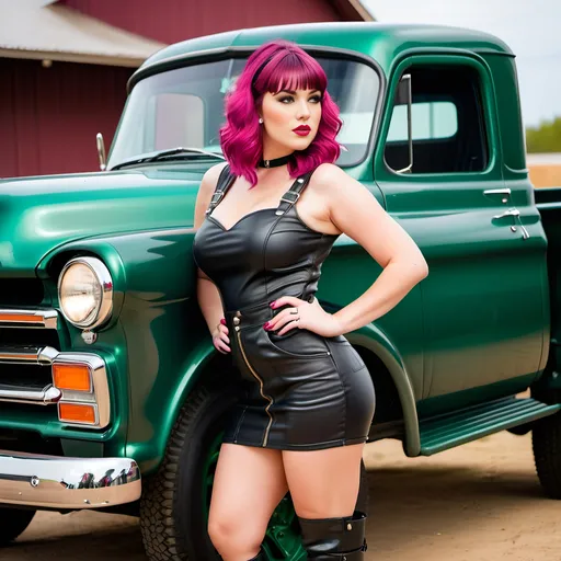 Prompt: Buxom curvy woman, age 21, magenta hair with bangs, very short black leather minidress & boots, standing in front of a dark green antique American pickup truck, American pinup style, hands in pockets, highly detailed, 8k photo, ads-fashion editorial, daylight, black leather, vintage truck, detailed curves, retro hairstyle, professional lighting