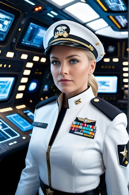 Prompt: Female military officer in navy jacket, blue shirt, black slacks, black pumps, short blonde hair, blue eyes, white officers cap with gold braid, rank insignia, standing in the busy and highly detailed bridge of a futuristic space cruiser, elaborate control panels and operators stations, 8k photo, futuristic, military officer, detailed bridge, navy jacket, short blonde hair, blue eyes, officers cap, rank insignia, detailed control panels, black slacks, black pumps, elaborate, futuristic space cruiser, busy environment, highly detailed, professional attire, high quality, 8k photo, commanding presence