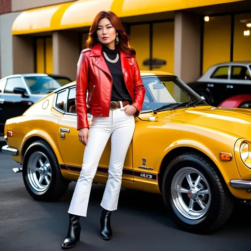 Prompt: Elegant Japanese model with auburn hair, red leather motorcycle jacket, white jeans, black tee & boots, standing next to a yellow 1973 Nissan 240Z, 8k photo, realistic, vintage, detailed features, vibrant colors, elegant, classic car, high-quality, pristine lighting, glamorous, professional photography