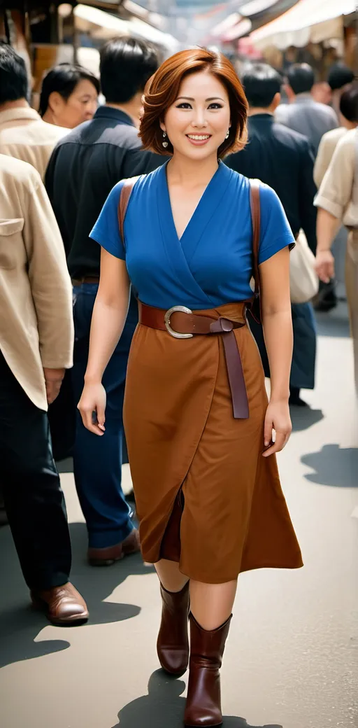 Prompt: Japanese woman (age 35), beautiful round face, upturned nose, fine arched eyebrows, short auburn hair, vibrant gray eyes, sapphire jewelry, blue shirtdress, brown leather belt & boots, curvaceous, buxom, walking in a Tokyo flea market, bustling crowds, vibrant daylight, high-res, photo, ISO 150, Fuji film, candid shot, detailed features, bustling city scene, vibrant colors, professional photography