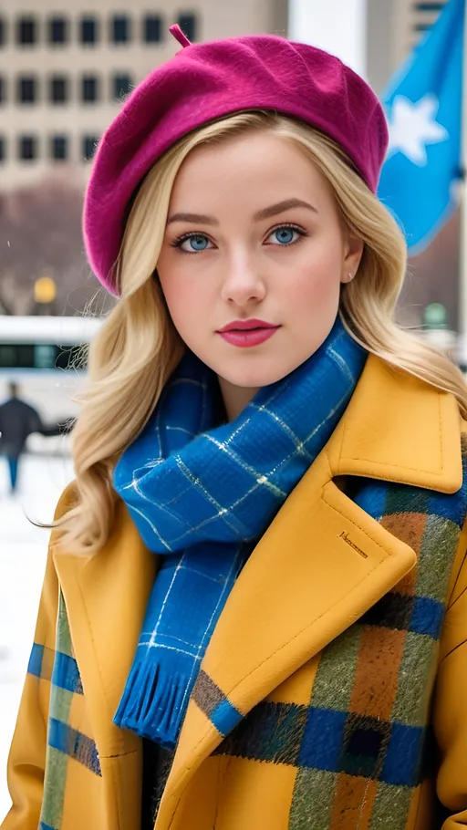 Prompt: Beautiful woman age 21, blonde hair, blue-eyed, intricate square face, upturned nose, rosy skin, yellow plaid wool coat, blue beret, blue sweater, khaki tweed skirt, brown leather boots, standing in front of the United Nations Building new york city, 8k photo, realistic, winter fashion, detailed facial features, vibrant colors, snowy landscape, professional lighting, crowded bustling scene