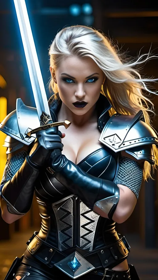 Prompt: Blonde valkyrie warrior, blue-eyed, intricate diamond face, fit & muscular, dark goth makeup, buxom curvy physique, silver mesh, black bustier, leather shoulder pads, half-sleeves, gold gauntlets, black, grey miniskirt, silver leggings, leather boots, in fighting pose holding a sword, 8k photo, bosomy, game-cyberpunk style, detailed armor, intense and dramatic lighting, highres, futuristic, dynamic pose, powerful presence, strong and confident, cybernetic enhancements