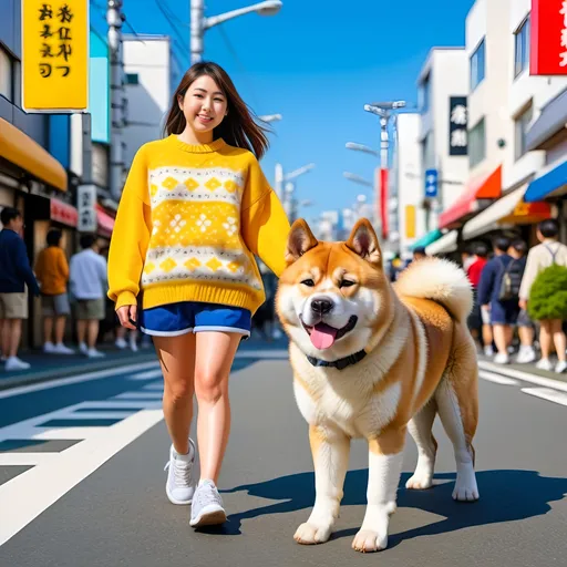 Prompt: Young Japanese girl walking huge Akita dog, colorful sweater, shorts, sneakers, Tokyo sidewalk, high-res photo, vibrant colors, realistic, detailed, urban street, joyful atmosphere, adorable Akita, cute design, professional photography, sunny day, clear skies, vibrant street scene, high quality, detailed character design, cityscape in the background