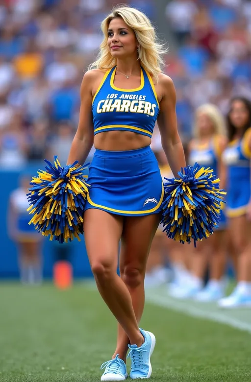 Prompt: Beautiful (curvy Los Angeles Chargers cheerleader), uniform, pom poms, light blue sneakers, (chic short blonde hair), (blue eyes), (dynamic motion), stadium sideline, (cheering fans in background), (high detail & quality), (well lit), (vibrant colors), (stadium atmosphere), (inspirational mood), ultradetailed, 8K resolution, pro photo quality.