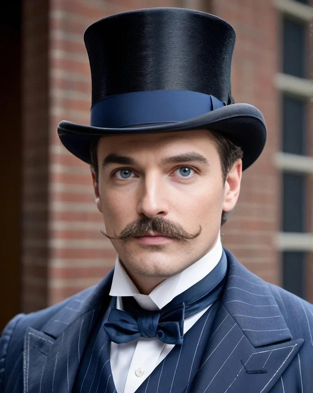 Prompt: professional profile of a 19th century business man, thick dark hair, blue eyes, handlebar mustache, intricate square face, strong jawline, narrow nose, intense gaze, gray pinstripe suit, navy silk cravat, ((top-hat & monocle)), highres, professional, detailed hair, elegant attire, sophisticated lighting
