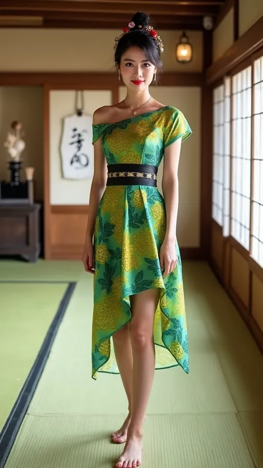 Prompt: Tall beautiful Japanese woman with (piercing gray eyes), high arched light brown brows, petite nose, prominent dimples, upturned wide mouth, (warm smile), (silver and jade jewelry), vibrantly colorful knee-length green & yellow screen-printed asymmetrical silk dress (off one shoulder cut) with black sash, long shapely legs, (soft buxom curvaceous figure), j(et black hair in and updo with red chopsticks in the topknot), dark eyeliner, dark red lipstick, (standing barefoot) on a tatami mat in a shoji screened room with traditional shrine along the wall, well lit space, colorful, filtered sunlight from the left, 8k, pro photography, elegantly posed, high detail & quality.