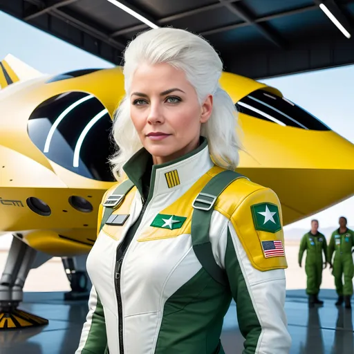 Prompt: Tall female Star Patrol Captain with white hair and green eyes, yellow & white flight suit and pilot's cap, standing in front of a sleek open-canopy space-fighter, ground crew servicing spacecraft, 8k photo, military, futuristic-sci-fi, sleek design, detailed white hair, intense green eyes, professional, aircraft maintenance crew, highres, military sci-fi, futuristic, vibrant yellow and white, intense lighting