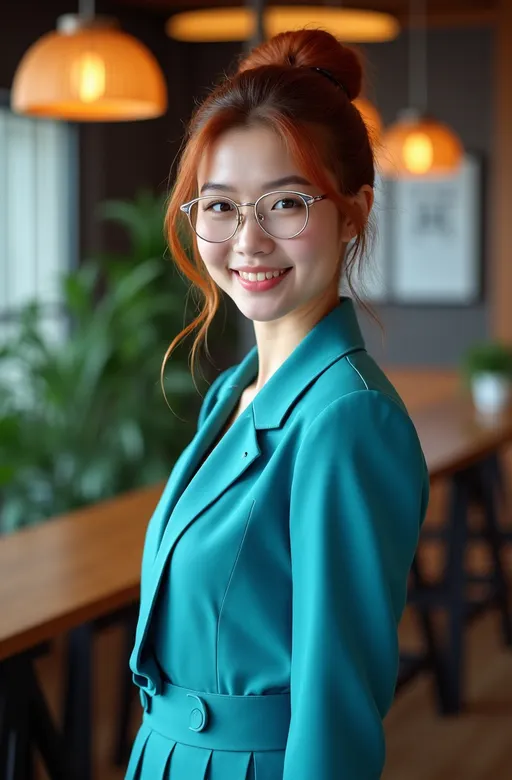 Prompt: photorealistic 8k photo, (strikingly beautiful) Japanese woman, age 30, (elegant updo auburn hair), (flawless round face), (curvaceous physique), (sapphire-gray eyes), (warm smile), (chic cyan blazer & skirt), (silver frame glasses), professional office environment, (dark wooden furniture), (lush plants), (oriental decor), (well-lit ambiance), (high detail), (ultra-detailed quality), (contemporary atmosphere).