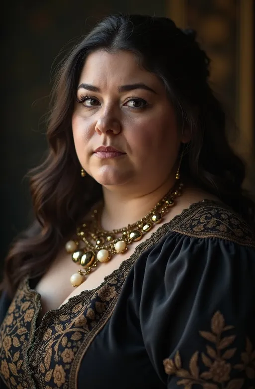 Prompt: Hepzibah Pyncheon, a beautiful, yet overweight girl, with a presence both dignified and slightly tragic, marked by her rich, full figure, soft features, and a lingering melancholy in her eyes, reflecting her secluded life and past sorrows, high detail & quality, 8k, pro photo.