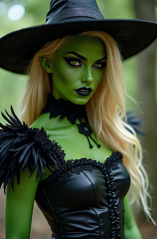 Prompt: Stunningly beautiful blonde woman in elaborate halloween costume as the Wicked Witch from the Wizard of Oz. Flawless green skin, bright yellow eyes, (gorgeous diamond face), feminine physique, dark lace & leather tabard vest  with black feather details and leather skirt, (devilish sneering smile), high detail & quality, 8k, pro photo, dramatic light.