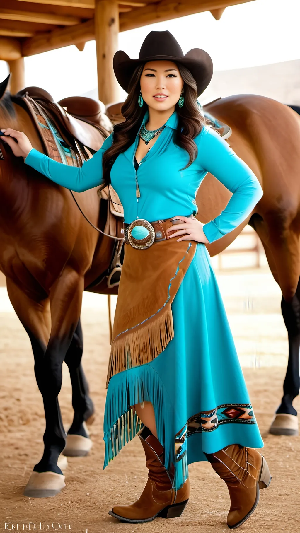 Prompt: Elegant beautiful curvy Japanese woman in southwestern attire, detailed face, turquoise jewelry, horse corral, high-res photo, detailed clothing, warm tones, professional lighting, American southwestern setting, intricate diamond face, fringe details, Stetson hat, suede boots, suede pencil skirt, checked shirt, turquoise belt buckle, horse corral scene, professional photography, natural daylight