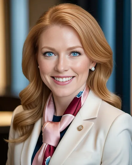 Prompt: professional head & shoulders portrait of a beautiful business woman, thick strawberry blonde hair, blue eyes, modest pearl jewelry, intricate square face, demure smile, burgundy pinstripe suit, geometric pink-cream silk scarf, highres, professional, detailed hair, elegant attire, sophisticated lighting