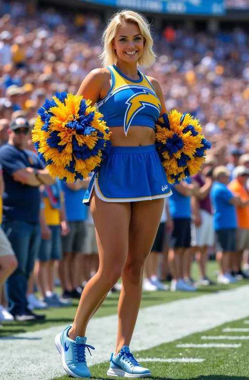 Prompt: (photorealistic) Beautiful curvy Los Angeles Chargers cheerleader, chic short blonde hair, (dynamic motion), wearing a striking uniform, holding pom poms, light blue sneakers, soft plump physique, (blue eyes), excited stadium sideline with cheering fans in the background, vibrant atmosphere, (high detail & quality), well-lit scene, (8K resolution), professional photography style.