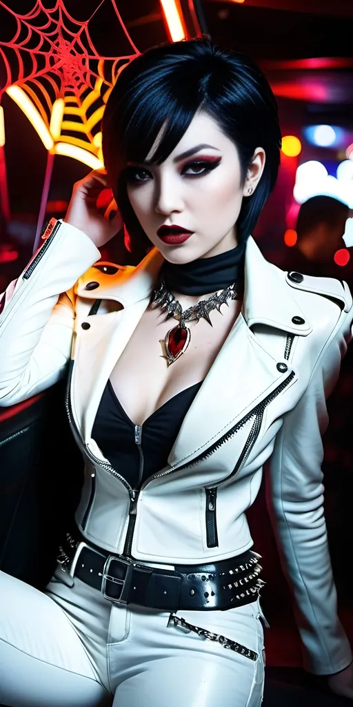 Prompt: Beautiful Japanese vampire, pale white skin, short spiky red|black hair, vibrant yellow eyes, intricate angular face, prominent cheekbones, intense gaze, opulent, white leather jacket, no blouse, white leather slacks & boots, ((spider necklace with ruby jewel)), red lipstick, standing in a busy crowded nightclub, 8K photo, highres, detailed, gothic, vampiric, intense eyes, sleek design, professional, dramatic lighting