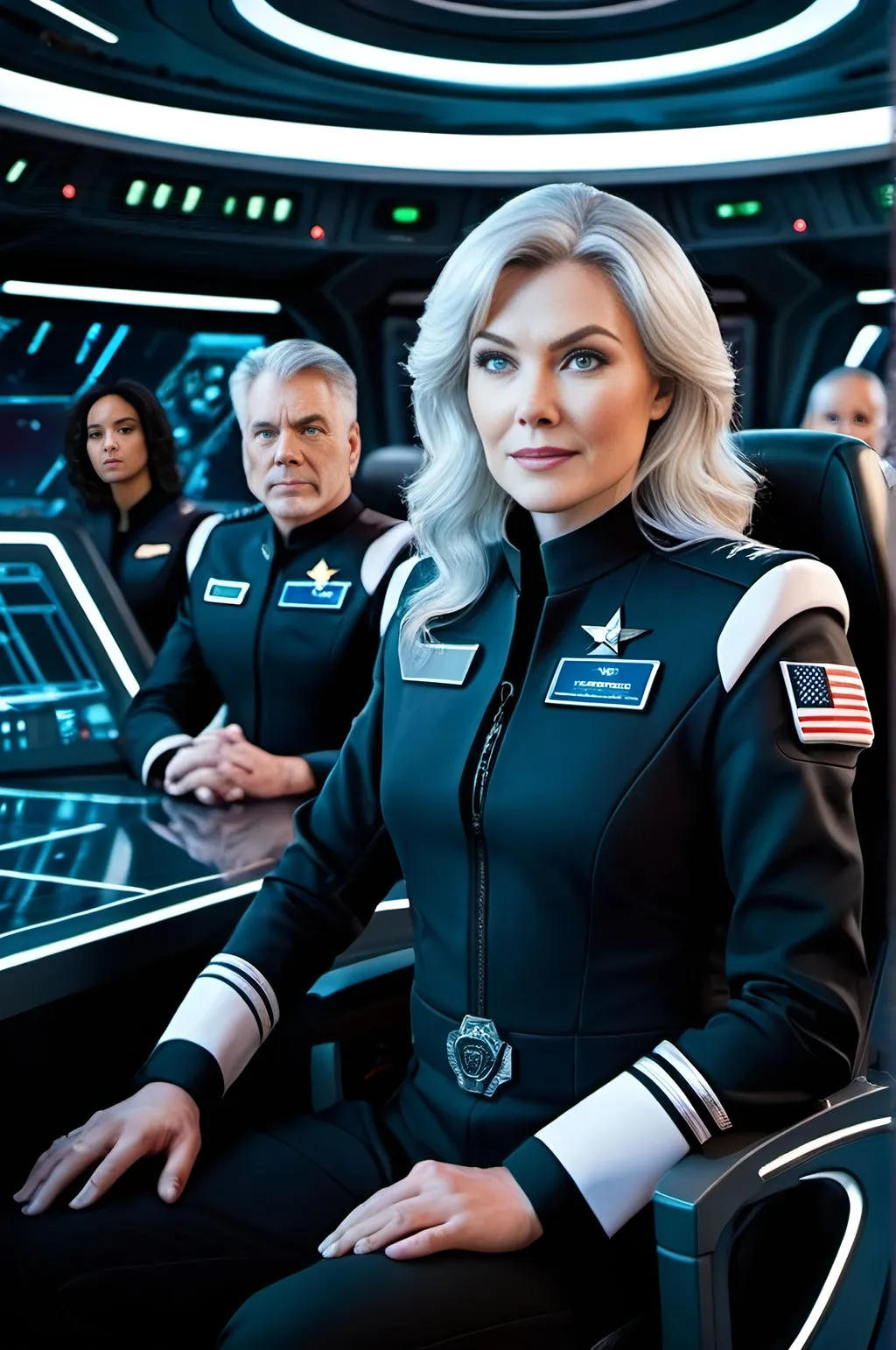 Prompt: High-res cinematic photo of the busy command deck of a starship, large crew in all black Space Force uniforms, beautiful captain with flowing silver hair and pale skin sitting at the central hub, detailed facial features, professional lighting, futuristic sci-fi, detailed uniforms, bustling atmosphere, high quality, cinematic, sci-fi, space, detailed hair, professional lighting, black uniforms, bustling atmosphere