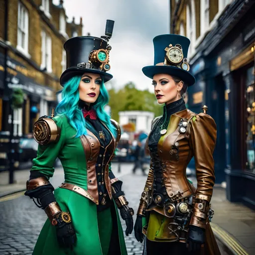 Prompt: 8K photo, cinematic, retro sci-fi, steampunk robot soldiers led by a beautiful steampunk woman, leather, top hat,  blue eyes, green hair, clockwork gears, brass, glass, wires, gauges, buttons, in a London street, high detail.