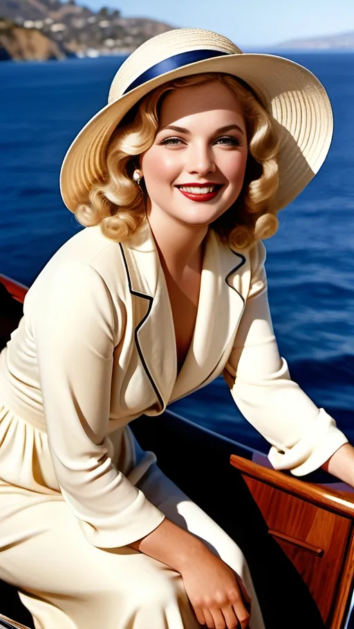 Prompt: Glamorous & curvaceous 1920s Hollywood Actress on a motor launch at sea, Catalina Island Avalon Harbor in background, porcelain skin, round face, rosy complexion, blue eyes, long windswept blonde hair, smiling, ((elegant scarlet:2.0 dress)), black boots & milliner's hat, 8k photo, realistic, detailed, windswept hair, plump opulent figure, landmark Avalon Harbor California, intricate face, vibrant smile, on a boat at sea, sunny day, luxurious motor launch, publicity style photo