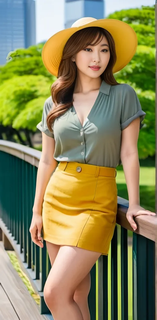 Prompt: Beautiful curvaceous young Japanese woman is leaning on a railing, community park background, chestnut hair, vibrant gray eyes, unbuttoned yellow blouse, khaki miniskirt, long shapely legs, suede sandals, yellow sun hat, perfect diamond face, bold makeup, buxom, hourglass feminine physique, sun shine, high-res, fashion photography, realistic, artistic, relaxed pose, summer fashion, light earth tone color scheme, high detail, high quality, Tokyo park setting, skyline in the background, sharp focus on subject face
