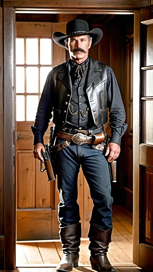 Prompt: Old west gunslinger, tall suntanned man, short black hair, flinty gray eyes, thick mustache, black shirt, black vest, black jeans, black boots, double gun belt, spare bullets in loops, two holster gun rig, pistols in each holster, standing in a saloon doorway, high-res, photo, rugged, detailed, intense gaze, traditional, western, dusty, warm lighting