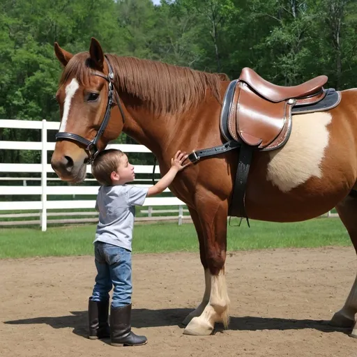 Prompt: Picture a short child standing next to the side of a full-size saddled horse, wondering how he can get up on it.