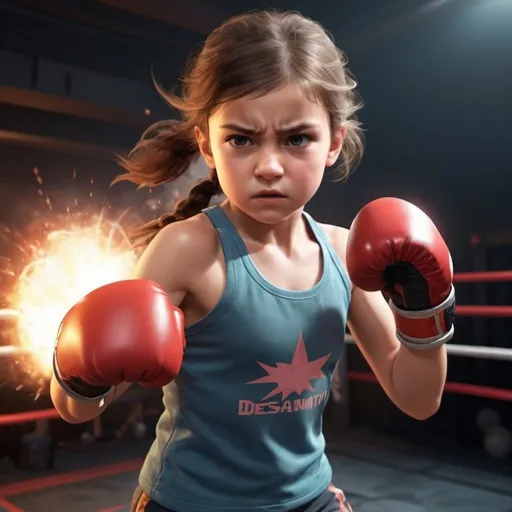 Prompt: Video game  image of a determined female child, dynamic energy, intense concentration, punching above my weight class, determination,  dynamic energy
