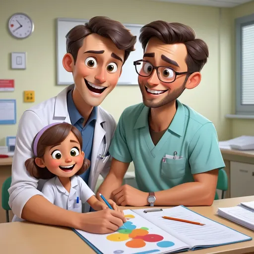Prompt: A cartoon YOUNG teacher man teaching child at hospital using didactic material with a happy face 