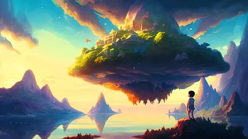 Prompt: boy stand in front of a floating island in the sky, vibrant and magical, high quality, digital painting, fantasy, mystical, vibrant colors, magical lighting, detailed environment, atmospheric, 4k, realistic boy, realistic clothe