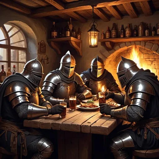 Prompt: Its 1088 dark fantasy knights sitting in taverna with another wariors and drinking eating and laughing the light is good in the middle of taverna cosy fire 