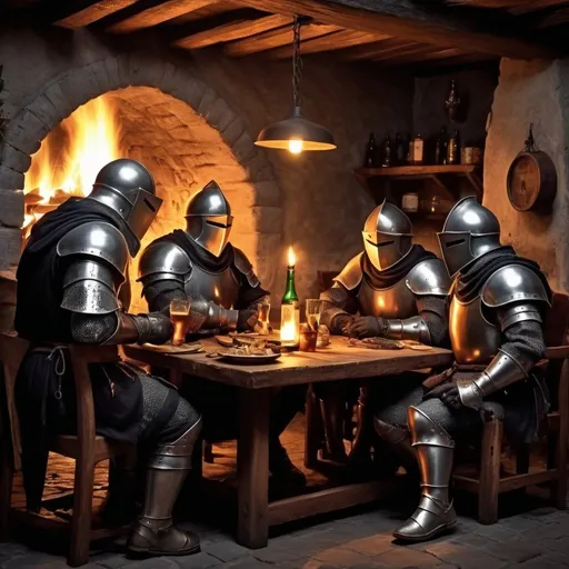 Prompt: Its 1088 dark fantasy knights sitting in taverna with another wariors and drinking eating and laughing the light is good in the middle of taverna cosy fire 