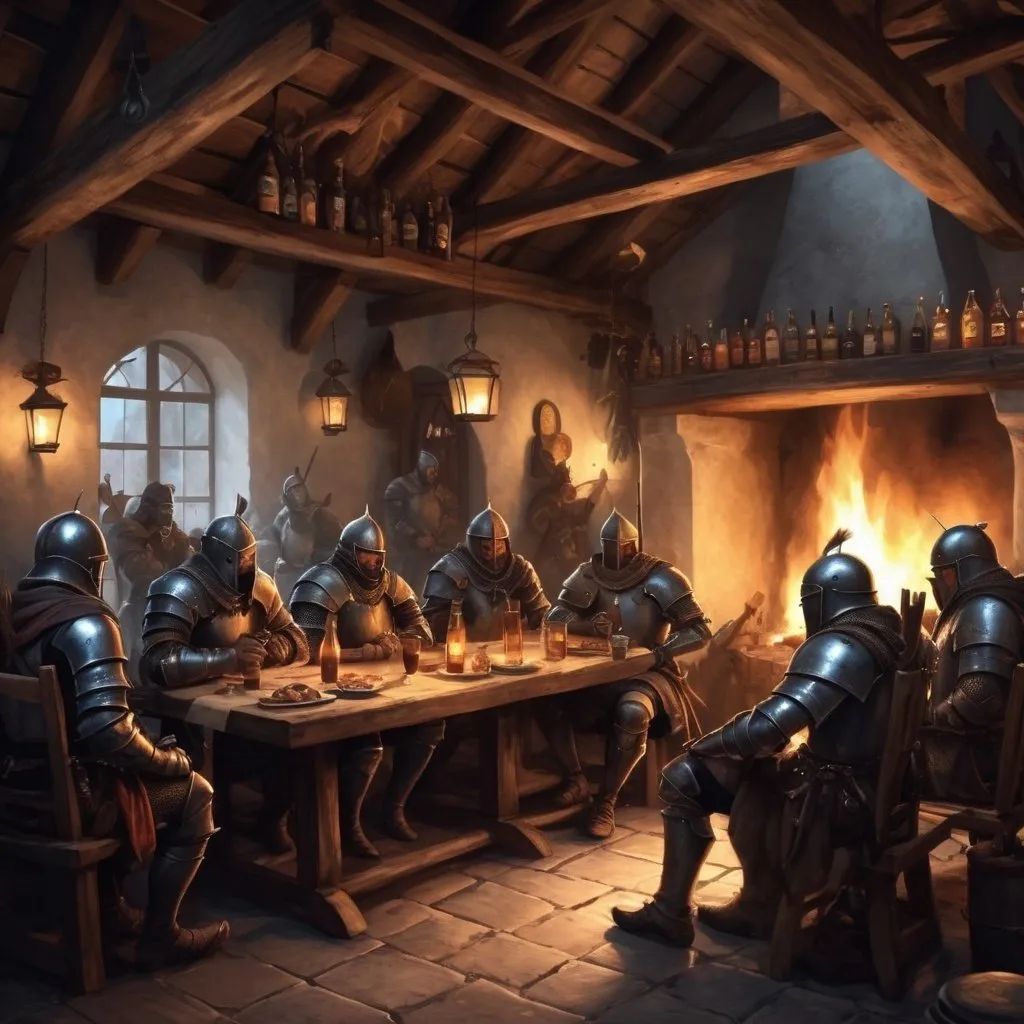 Prompt: Its 1088 dark fantasy knights and archers sitting in big taverna with another wariors and drinking eating and laughing the light is good in the middle of taverna cosy fire 