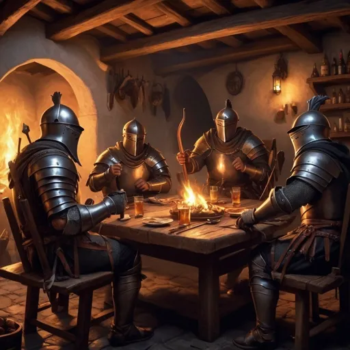 Prompt: Its 1088 dark fantasy knights and archers sitting in big taverna with another wariors and drinking eating and laughing the light is good in the middle of taverna cosy fire 