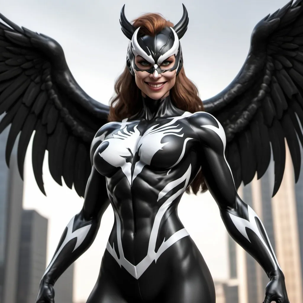 Prompt: Hawkgirl as she-venom. She is fit & muscular build. 3D realistic and display. 4K. High-resolution. Symbiote symbol on the chest. Glossy black and white suit. Coloured   top of the tower view background. She has beautiful eyes and always smiling. 