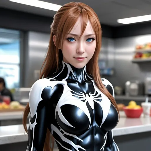 Prompt: Asuna Yuuki as she-venom. She is fit & muscular build. 3D realistic and display. 4K. High-resolution. Symbiote symbol on the chest. Glossy black and white suit. Coloured   cafeteria view background. She has beautiful blue eyes and always smiling. 