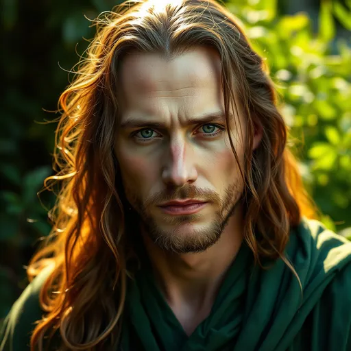 Prompt: (radiant face of a man), (wearing an ancient green robe), long hair, soft golden light illuminating his features, serene expression, ethereal and mystical vibe, finely detailed textures on the robe, lush green background with hints of shadows, vibrant yet warm color tones, captivating atmosphere, high quality, ultra-detailed.