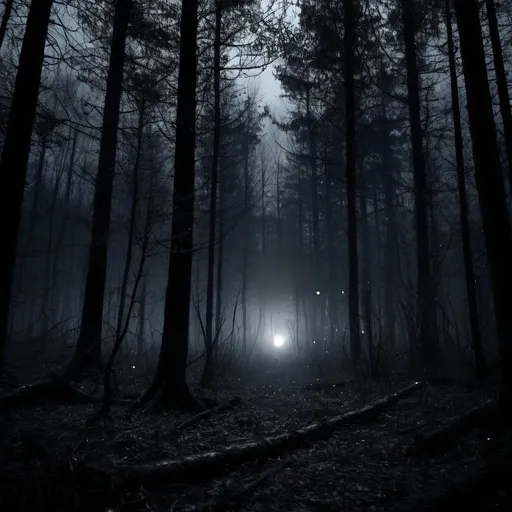 Prompt: super dark scary forest,dark,ceature in the back with white glowing eyes
