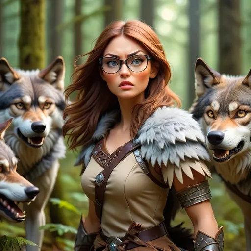 Prompt: Female warrior in a mystical forest with wolves. Brown hair, glasses.
