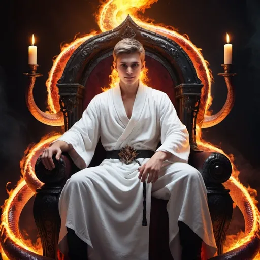 Prompt: threatening dark fire mage. spooky. male. innocent young face. sitting on throne. white robe. smiling. fire snakes backround