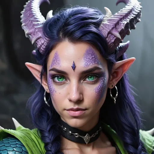 Prompt: hyper-realistic Tiefling character with partial dragon scales, fantasy character art, dnd, cold tone, light purple skin, dark blue hair, bright green eyes, and long dragon horns