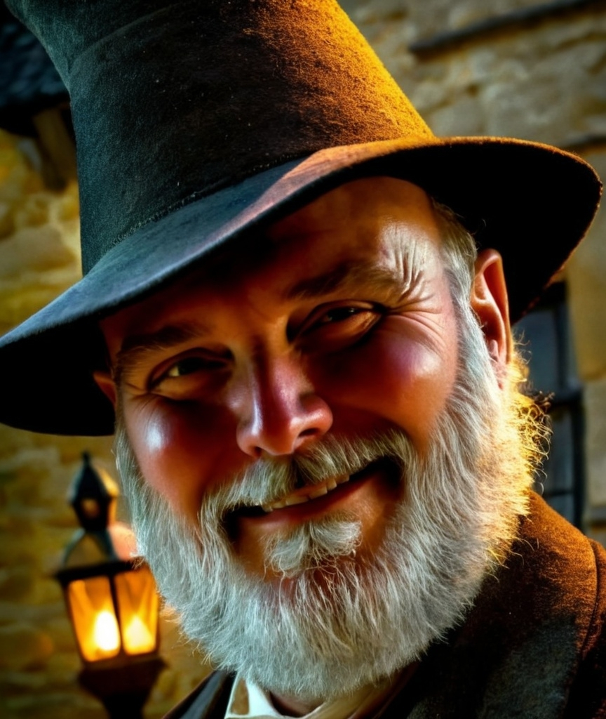 Prompt: Handsome wizard with grey beard, standing outside English cottage house with staff, warm evening lighting, detailed facial features, old-fashioned magical setting, high quality, enchanting, fantasy, evening lighting, detailed beard, traditional attire, atmospheric lighting, detailed staff, mystical