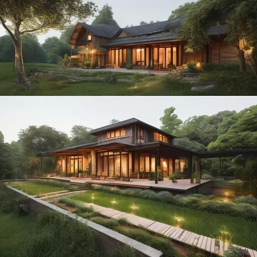 Prompt: Countryside house with living patio, lush greenery, wooden architecture, warm and inviting atmosphere, cozy outdoor setting, natural light, detailed textures, high quality, warm tones, rural, wooden house, spacious patio, lush greenery, countryside setting, detailed architecture, cozy atmosphere, natural lighting