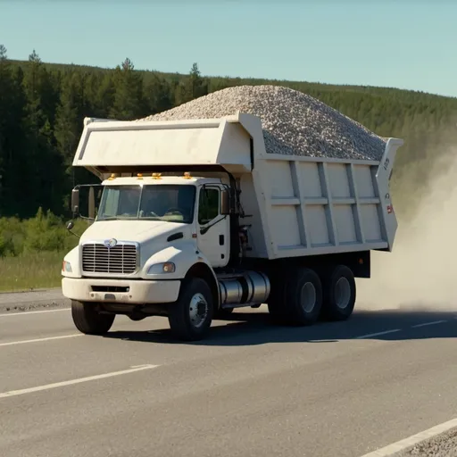 Prompt: JEt's Dump Truck, 8 k resolution. full of gravel. White. going left on highway. written on the side saying " Jet's Dump Truck ". Victorious look. Sunny weather.  