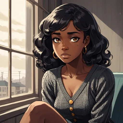 Prompt: anime black woman with wavy black hair, amber eyes, dark skin, in a 1960's knit dress, sitting and looking out a dreary window, somber, in the style of anime, 
