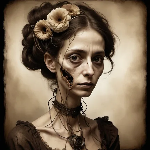 Prompt: chiaroscuro, a sepia digital painting of a skinny Victorian woman with eyes sunken deep, nasty skin, rotten nose, exposed wires and frame in the neck, flowers growing, horror, gothic themed, 