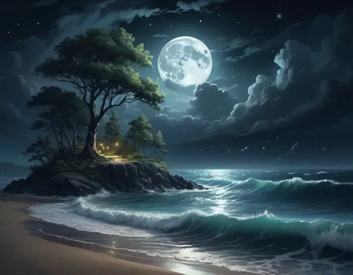 Prompt: Chiaroscuro, digital painting, 8k, HD high quality, A night scene of a deserted forested island surrounded by a stormy sea, dramatic, the moon in an evening sky, stars and clouds in the sky, over a ocean with rising waves, 